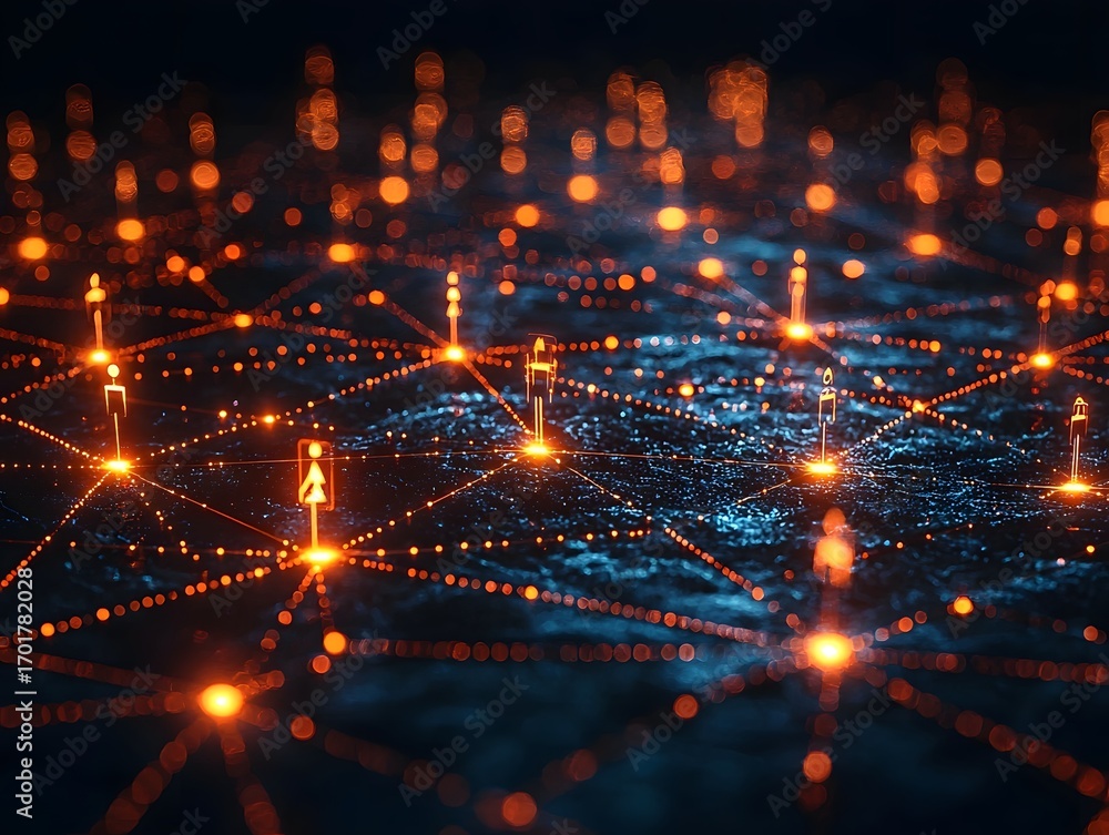 Poster abstract digital network with glowing orange nodes and interconnected lines symbolizing data flow an