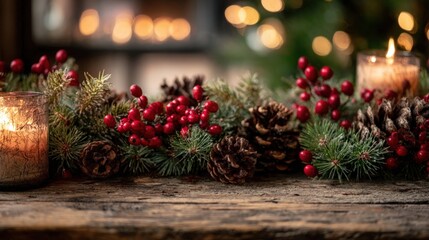 Festive Holiday Arrangement with Berries, Pinecones, and Candles on a Rustic Wood Surface