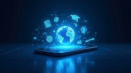 Smartphone with holographic earth floats above the phone at center, surrounded by education-themed icons: an atom, graduation cap, open book, light bulb, triangle ruler, and Einstein equation.