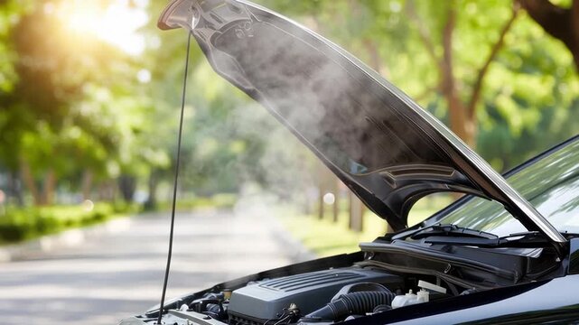 A black car with its hood open, emitting steam from an overheating engine on a sunny roadside, indicating a breakdown.
