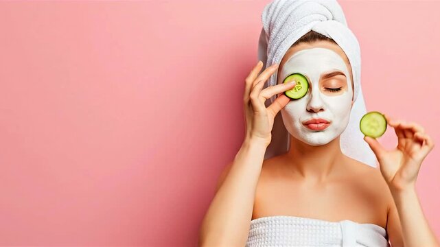 Woman applying facial mask with cucumber slices over eyes, relaxing at home in a pink setting