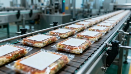 Automated Food Packaging: Product Line on Conveyor Belt in a Modern Food Processing Plant
