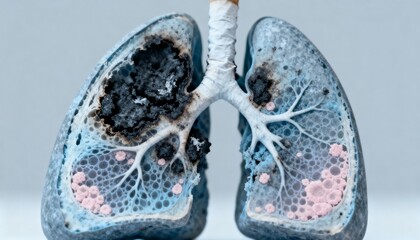 Fototapeta premium Lung Cancer Illustration Showing Tumor Development and Damage from Smoking and Respiratory Disease on Gray Background