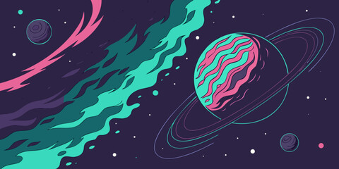 Vibrant cosmic nebula swirls around a majestic ringed planet, captivating abstract space exploration art for futuristic designs and scientific themes