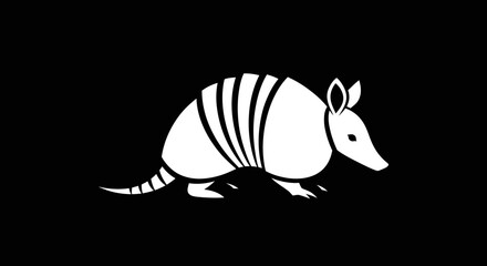 White Armadillo Silhouette on Black Background: Wildlife Illustration.