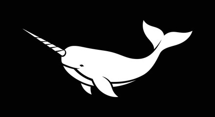 Elegant white narwhal silhouette against a stark black background simple design. © gudangPIXEL