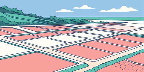 Vibrant geometric salt evaporation ponds create a picturesque and serene coastal landscape under a clear blue sky with fluffy clouds, evoking tranquility and natural beauty.