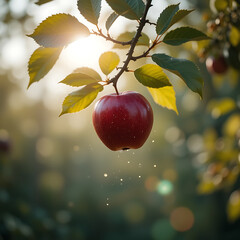 A close-up view of a ripe red apple hanging from a tree branch, illuminated by sunlight.