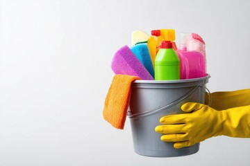 Cleaning supplies in a gray bucket (2)