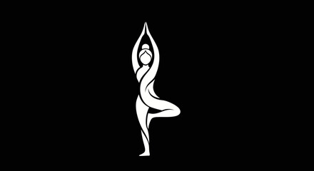 Stylized white line art of a woman in a yoga tree pose.