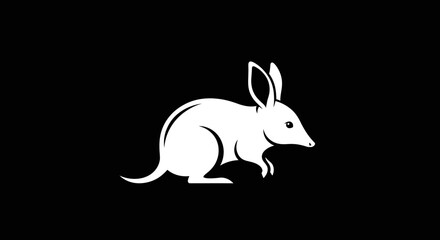 Simple white bilby marsupial icon on black background.