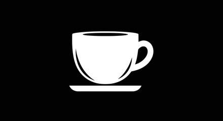 White Coffee Cup and Saucer Icon on Black Background.