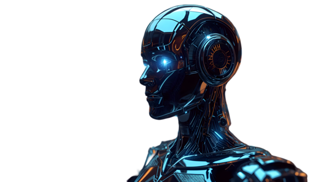 Modern ai model that generates greater returns for users organizations presents an intelligent focused metallic humanoid robot with futuristic technology and digital form