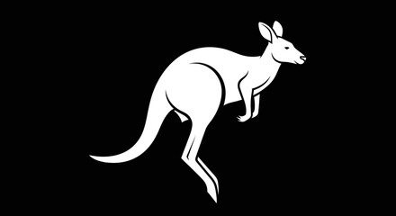 White Kangaroo Silhouette on Black Background.