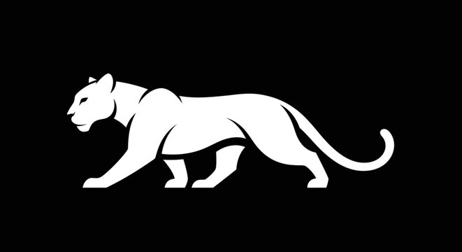 Elegant white panther silhouette prowling across a stark black background.