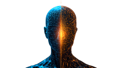 Modern AI model, glowing digital human concept, that generates greater returns for users and organizations through advanced data technology, showing innovation