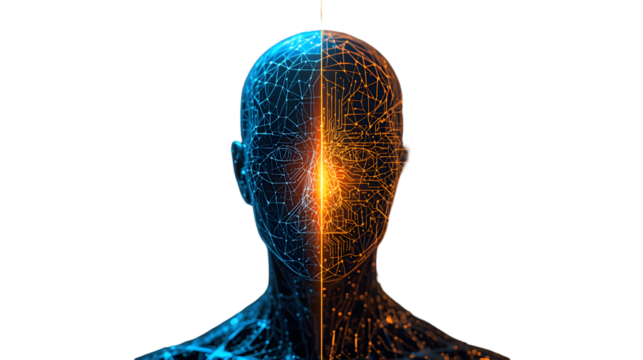 Modern AI model, glowing digital human concept, that generates greater returns for users and organizations through advanced data technology, showing innovation