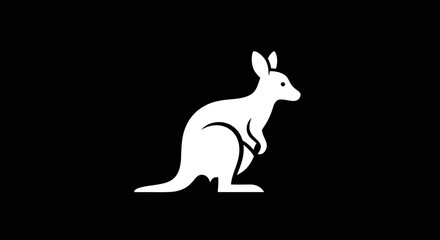White Kangaroo Silhouette on Black Background - A Simple Animal Icon.