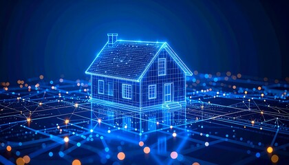 A digital blueprint of a house glows with a neon aura, connected by lines and dots, set against a dark blue background