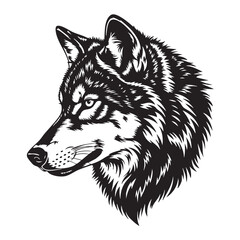 Fototapeta premium Detailed black and white drawing of a wolf head the wolf has a thick fur and pointy ears, and its eyes are sharp the wolf is looking to the left, and its mouth is closed