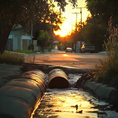 Urban Drainage Symphony: A captivating shot unveils water gushing from a drainpipe onto the street, reflecting the warm hues of the setting sun in a dramatic urban scene.