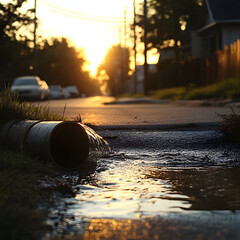 Urban Drainage Symphony: A captivating shot unveils water gushing from a drainpipe onto the street, reflecting the warm hues of the setting sun in a dramatic urban scene.