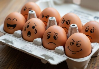Carton of Eggs with Faces Expressing Various Emotions and Feelings

