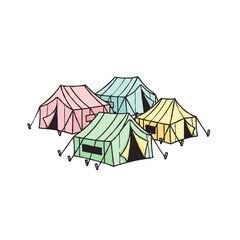 A charming illustration of four colorful hand-drawn camping tents in a whimsical, sketchy style.