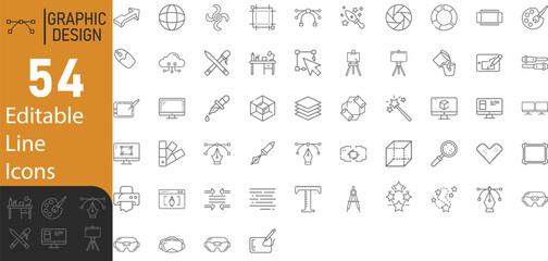 Collection Of Modern Editable Thin Stroke Line Style Graphic Design Icon Set Contains Tools, Creativity, Development Stages, Pictograms, Infographics And More Isolated On Transparent Background