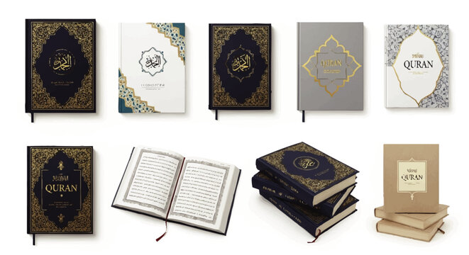 A collection of Holy Quran books in various designs, featuring ornate gold calligraphy and Islamic art.
