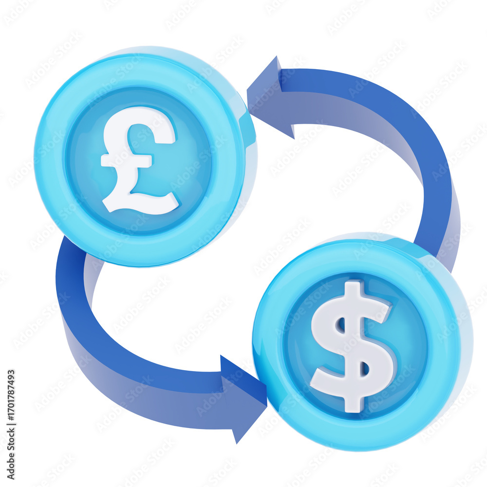 Aufkleber 3d rendering of a currency exchange concept with british pound and us dollar symbols rotating with a