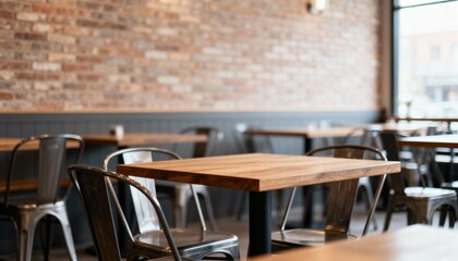Inviting Restaurant Interior with Wooden Tables and Exposed Brick Wall, Ideal for Commercial Use