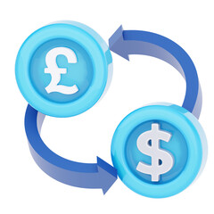 3D rendering of a currency exchange concept with British Pound and US Dollar symbols rotating with arrows.