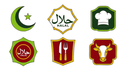 A colorful collection of six illustrated Halal food icons, including certification labels, a crescent moon, a chef's hat, and a cow's head.