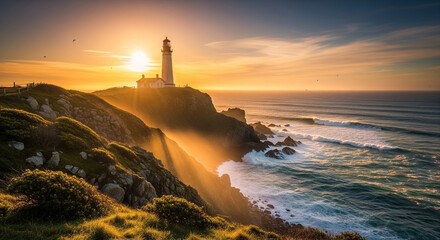 A breathtaking sunset illuminates a stunning white lighthouse standing proudly on a rugged, grassy cliffside overlooking the expansive ocean