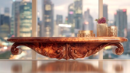 Naklejka premium Ornate wooden shelf with gold vases and flowers against a cityscape window background view