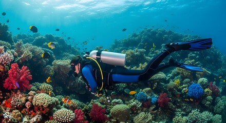 Diver Exploring Vibrant Coral Reef Ecosystem