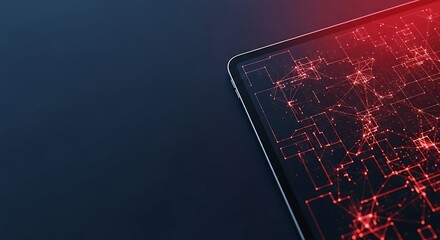 Dynamic digital network data visualization glowing red on a modern tablet screen