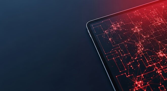 Dynamic digital network data visualization glowing red on a modern tablet screen - Powered by Adobe