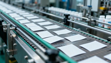 Pharmaceutical Manufacturing: Conveyor Belt System for Packaging and Labeling in a Modern Factory