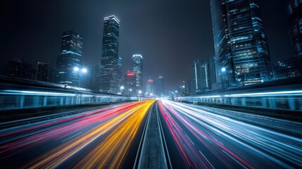 Dynamic Cityscape at Night with Light Trails from Traffic on the Highway, Modern Urban Scene