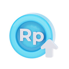 3D rendered blue coin with Indonesian Rupiah symbol and an upward arrow, indicating financial growth or increase.