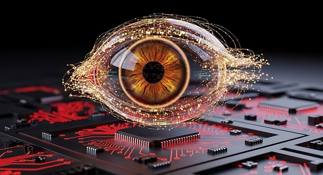 Futuristic digital eye glowing over circuit board, symbolizing AI, data, and technological innovation