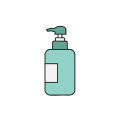 A clean, minimalist vector illustration showcases a light blue pump bottle with a white label, perfect for representing liquid soap, shampoo, or lotion in design.