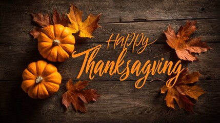Rustic Thanksgiving Still Life with Pumpkins and Autumn Leaves on Wooden Table, Overhead View