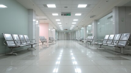 Obraz premium Modern Hospital Waiting Area with Empty Seats, Clean Interior Design, and Bright Lighting for Healthcare Concepts