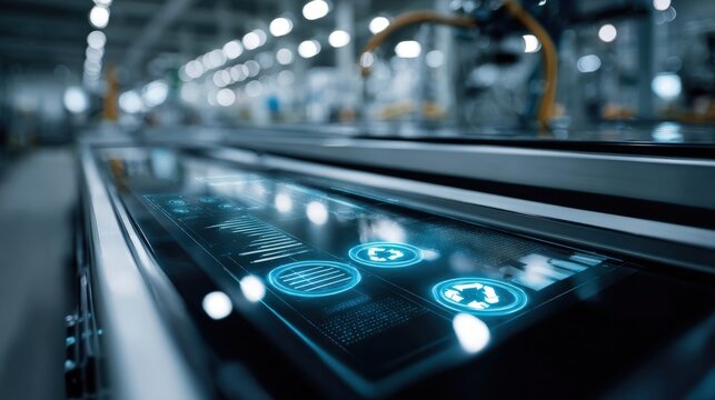 Automated Production Line Displaying Futuristic Technology Interface for Monitoring, Control, and Efficiency in Manufacturing