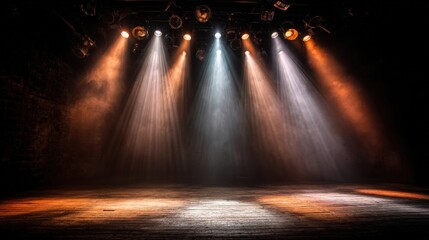 Fototapeta premium Stage Illumination with Dramatic Lighting Effects and Atmospheric Haze, Suitable for Performance Backdrops