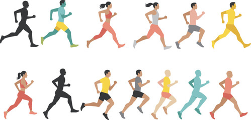 Running, diverse, people, side view, athletic, motion, fitness, vector, illustration, cartoon, character, sport, active, colorful, digital, race, exercise, group, stylized, profile