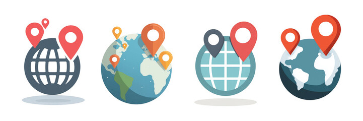 Four globes with map pins indicating locations isolated on a transparent background